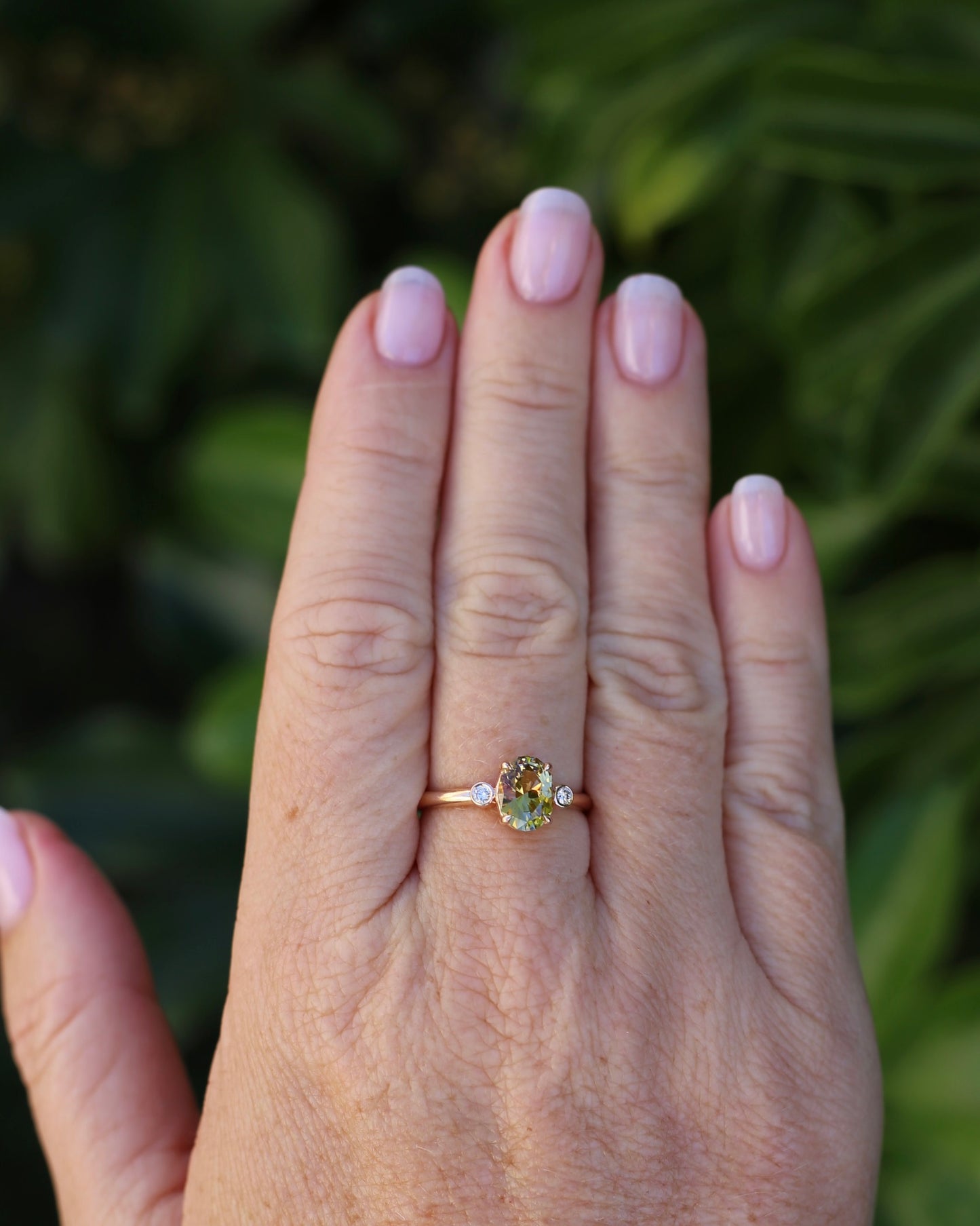 1.57ct Natural Golden Tanzanite Zoisite and Diamond Trilogy Ring, 14ct Rose Gold, size 8.75 or just over R, 3.3g, with valuation