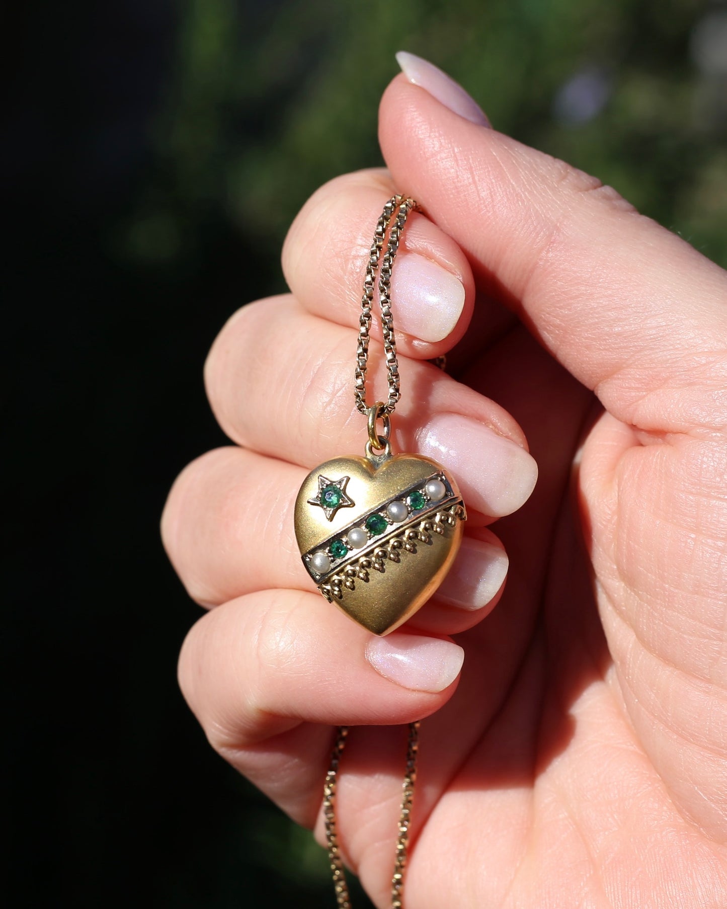 Early Australian Aronson & Co Puffy Heart set Pendant with Pearl and Green Gems, 9ct Yellow Gold, 2.59g