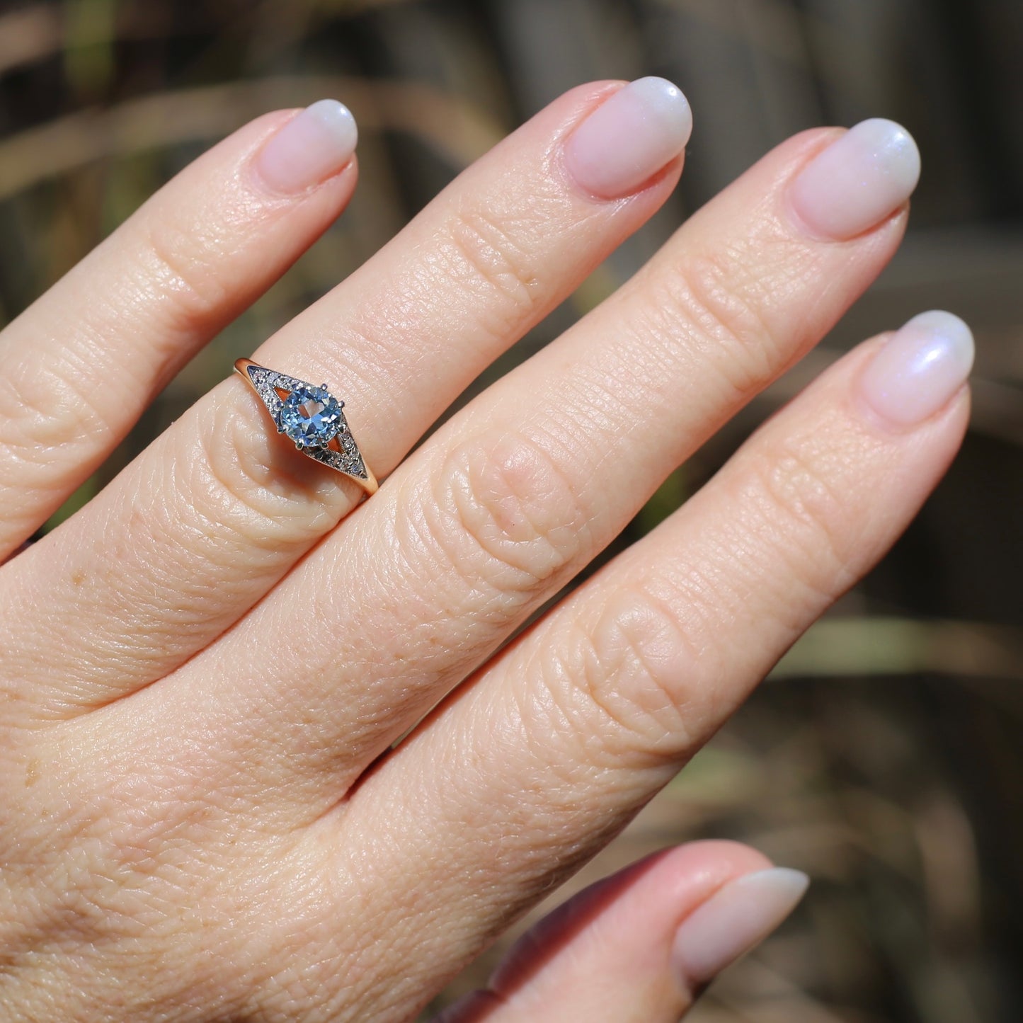 Pristine Early Australian 1930s Dunklings Blue Zircon & Diamond RIng, size L or just over 5.5