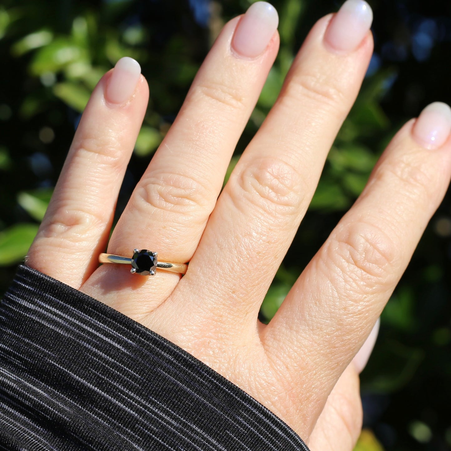 Australian Made Black Diamond Solitaire, 4 Claw White Gold, 9ct Yellow Gold Chunky Shank, size O or 7.25