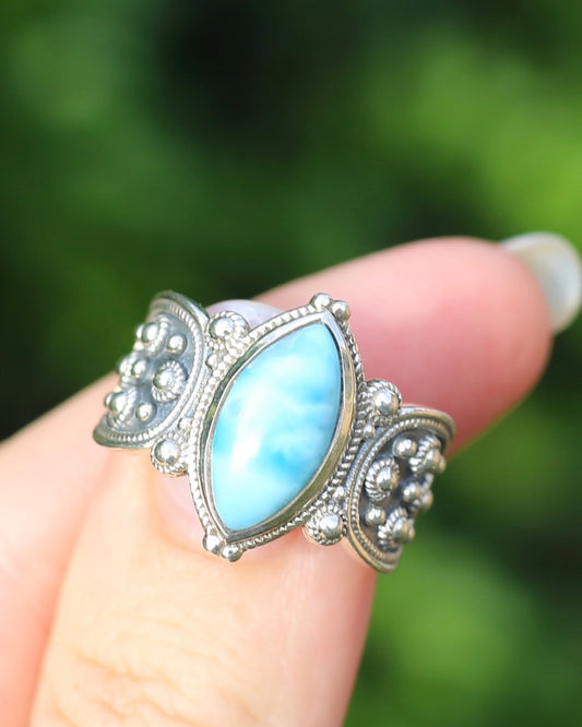 Vintage Marquise Lariamar Stone Ring with Silver Details, Sterling Silver, size V or or 10.5 (will likely fit more like a U or 10), 9.7g