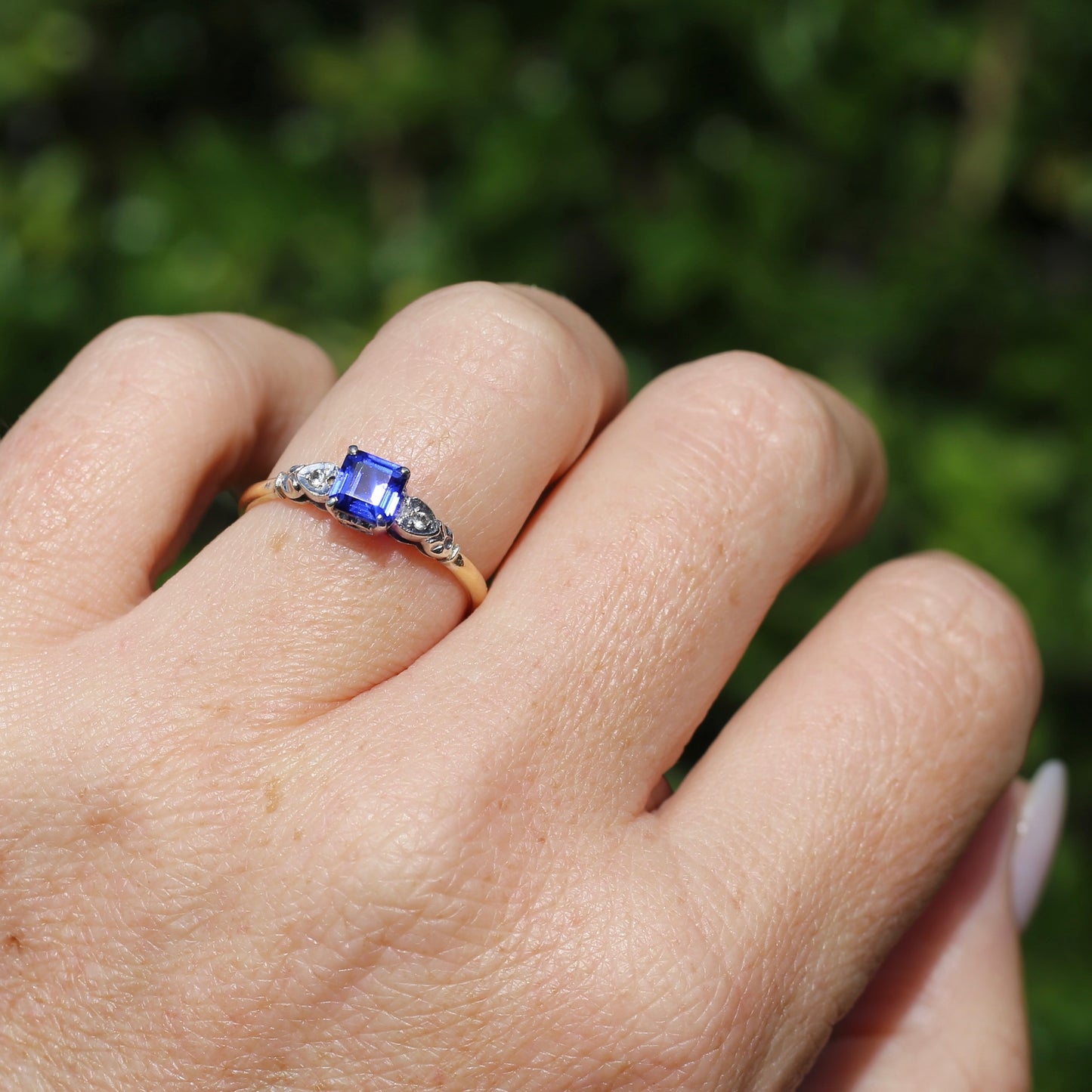 1930s Square Emerald Cut Blue Sapphire, 18ct Yellow and White Gold, size Q1/2 or just over 8.25