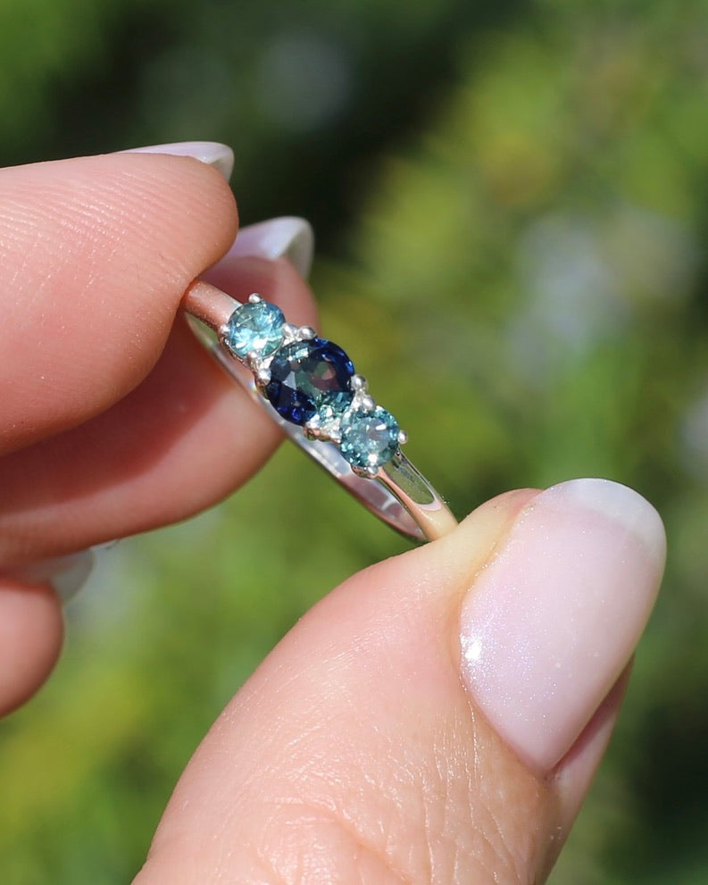 0.85ct Natural Parti Sapphire Trilogy Ring, Sterling Silver, size Q or 8.25, 1.98g