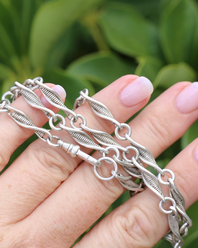 Vintage/ Vintique Fancy Link Single Swivel Albert Clasp Chain, Sterling Silver, 52cm or 20.5 inches, 30.0g