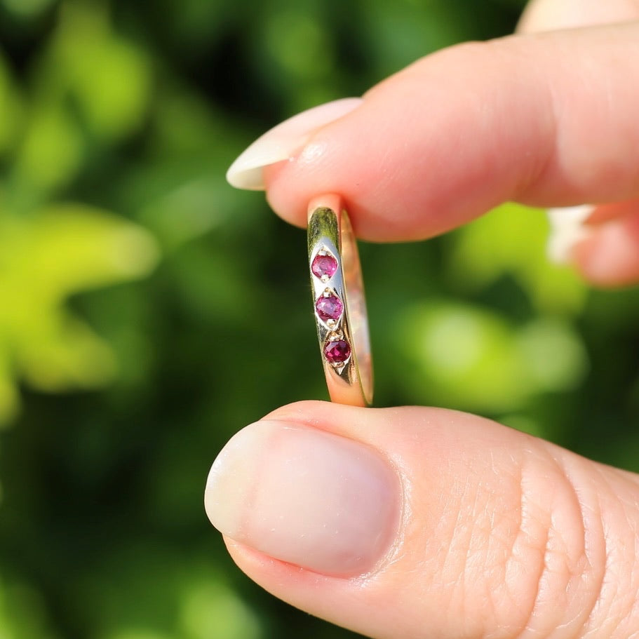 Grain Set Garnet Trilogy, 9ct Rosey Gold, size N or 6.75