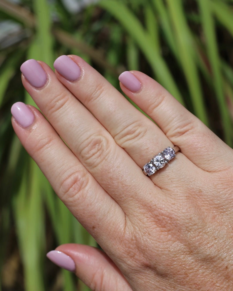 3.7ct Pale Pink Australian Zircon Trilogy Ring, 10ct and 18ct White Gold, size O or just over 7, 3.72g