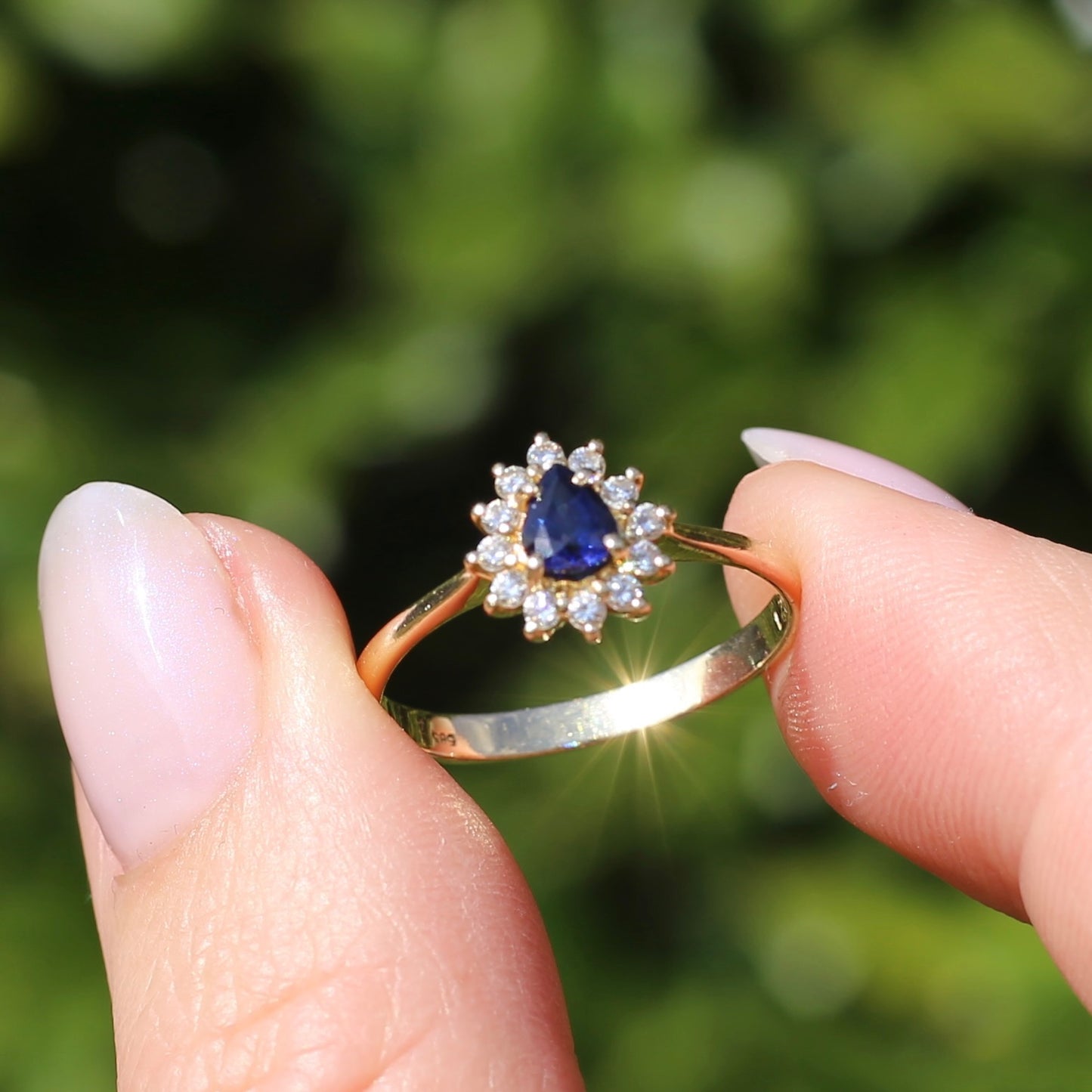 Pear Shaped Sapphire with Halo, 14ct and 18ct Yellow Gold, size 7 or just under O