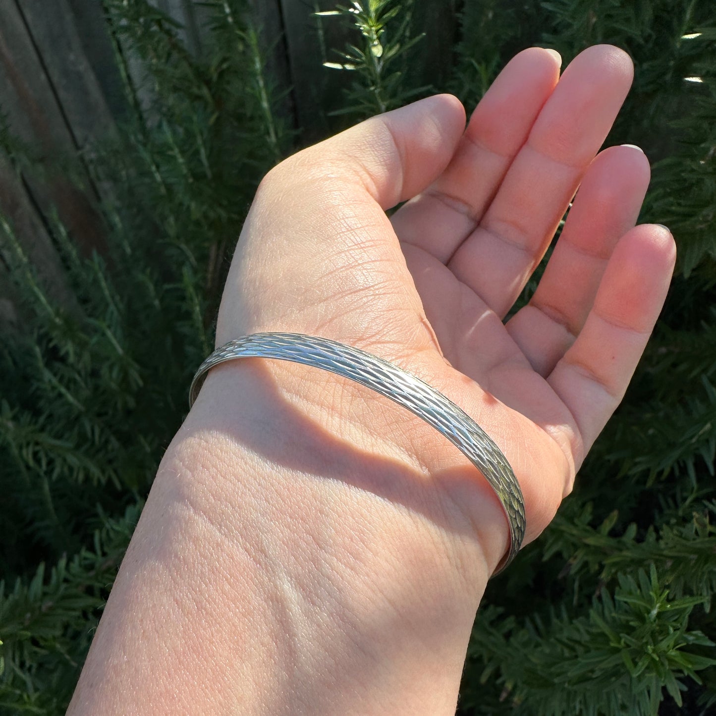 Stylised Engraved Flat Profile Silver Bangle, 16.5g