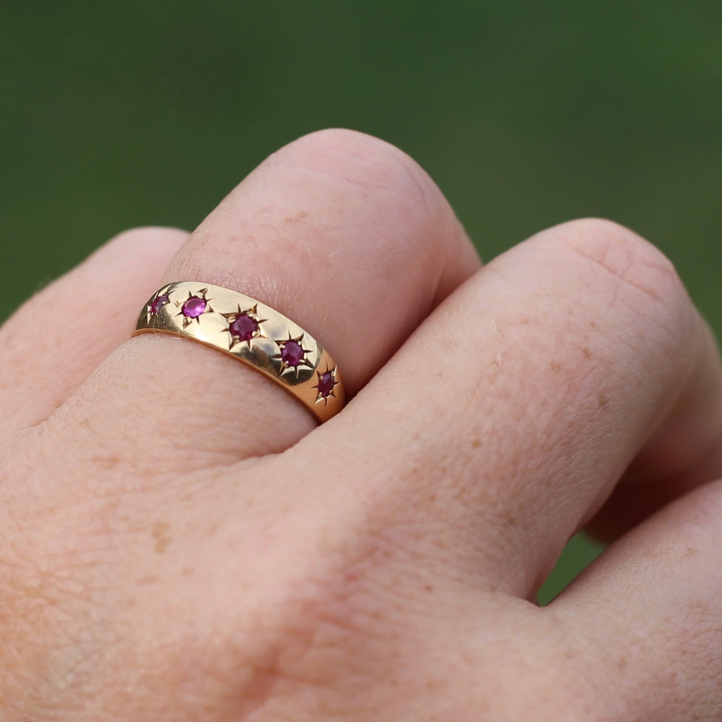 Antique 1891 Five Stone Star Set Old Cut Ruby Ring, 15ct Rosey Gold, size N- N1/2 or 6.75