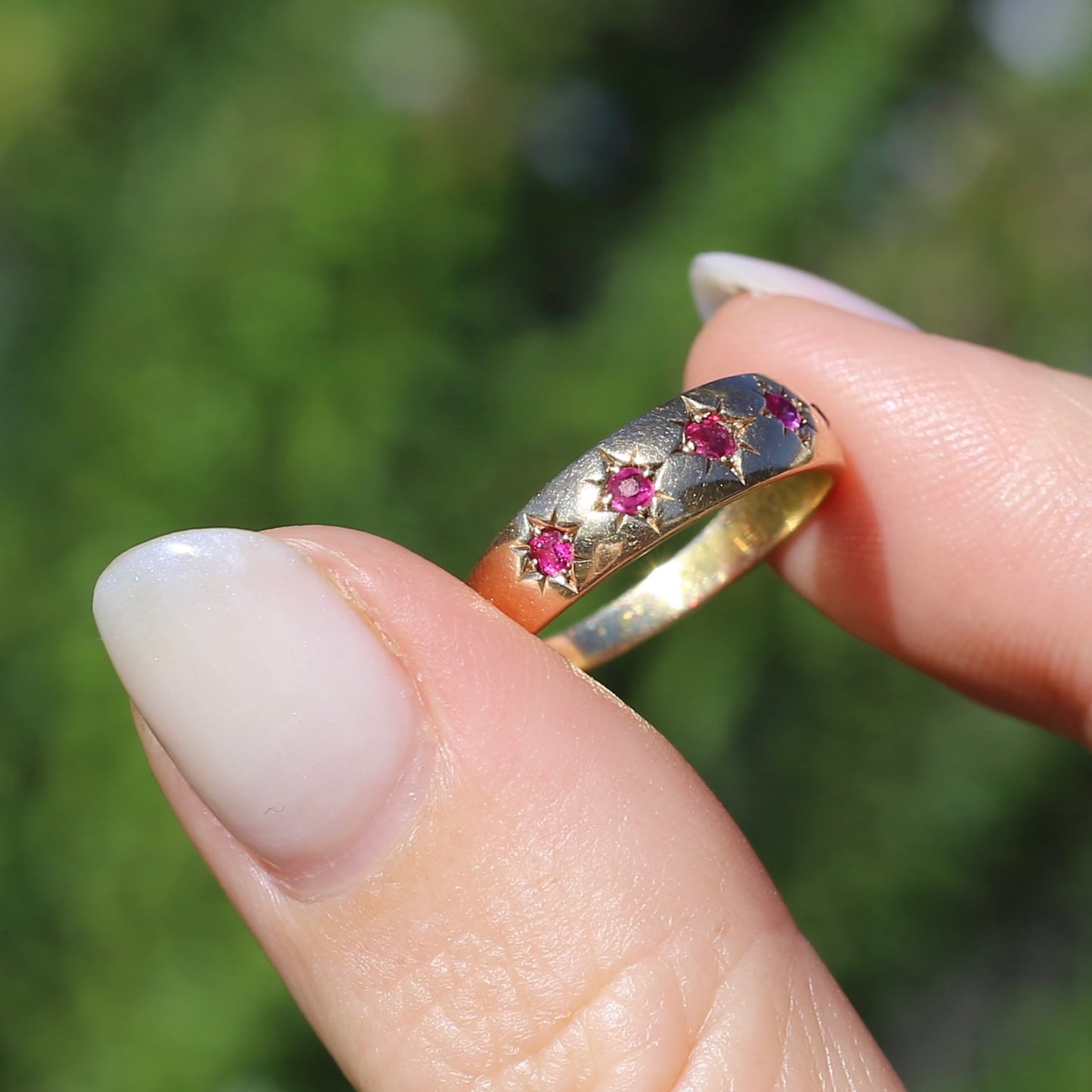 Antique 1891 Five Stone Star Set Old Cut Ruby Ring, 15ct Rosey Gold, size N- N1/2 or 6.75