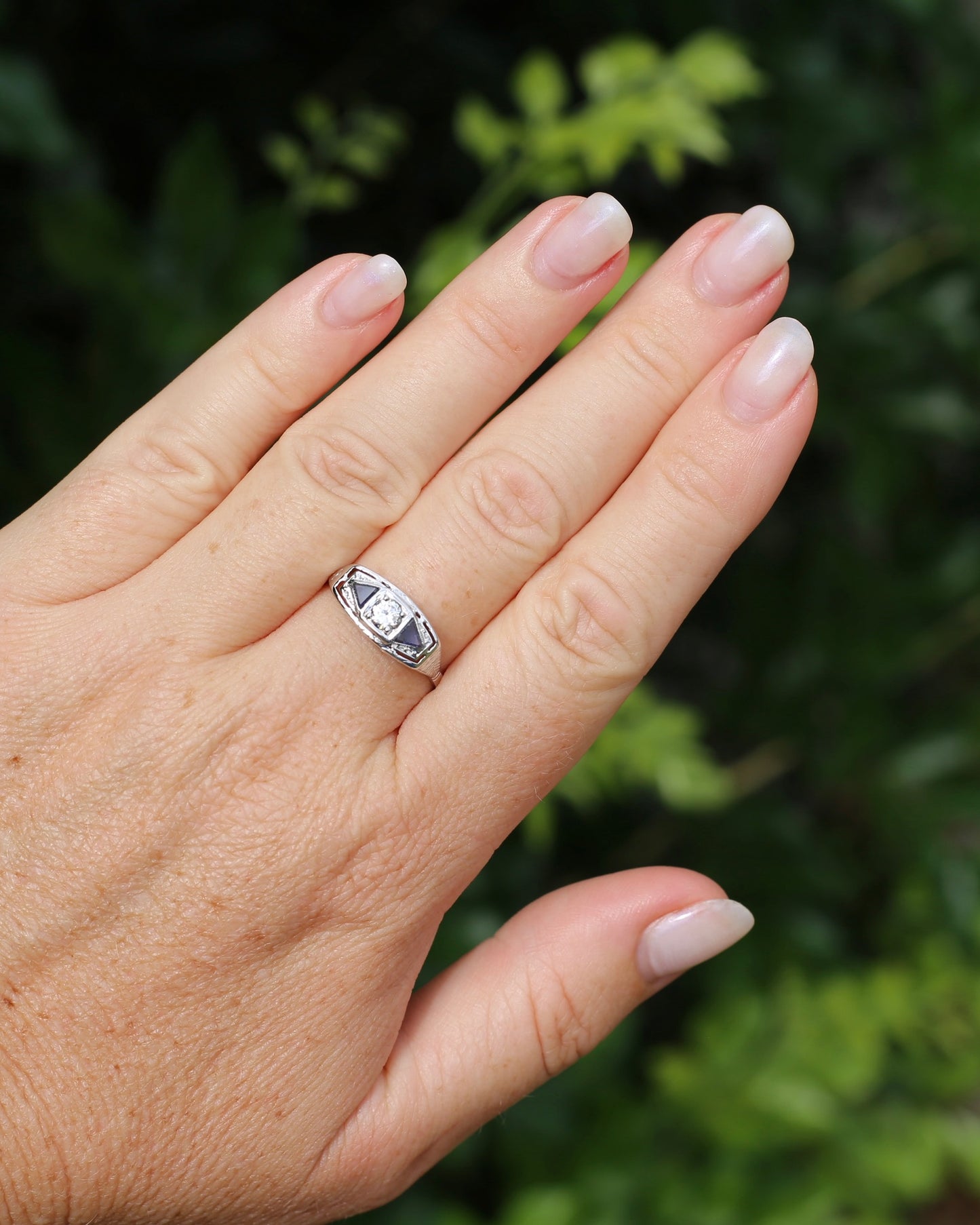 Art Deco Diamond and Sapphire Trilogy in Raised Handmade Engraved Floral Setting, 14ct White Gold, size U or 10 - offering free resize down to 7 or O, with valuation