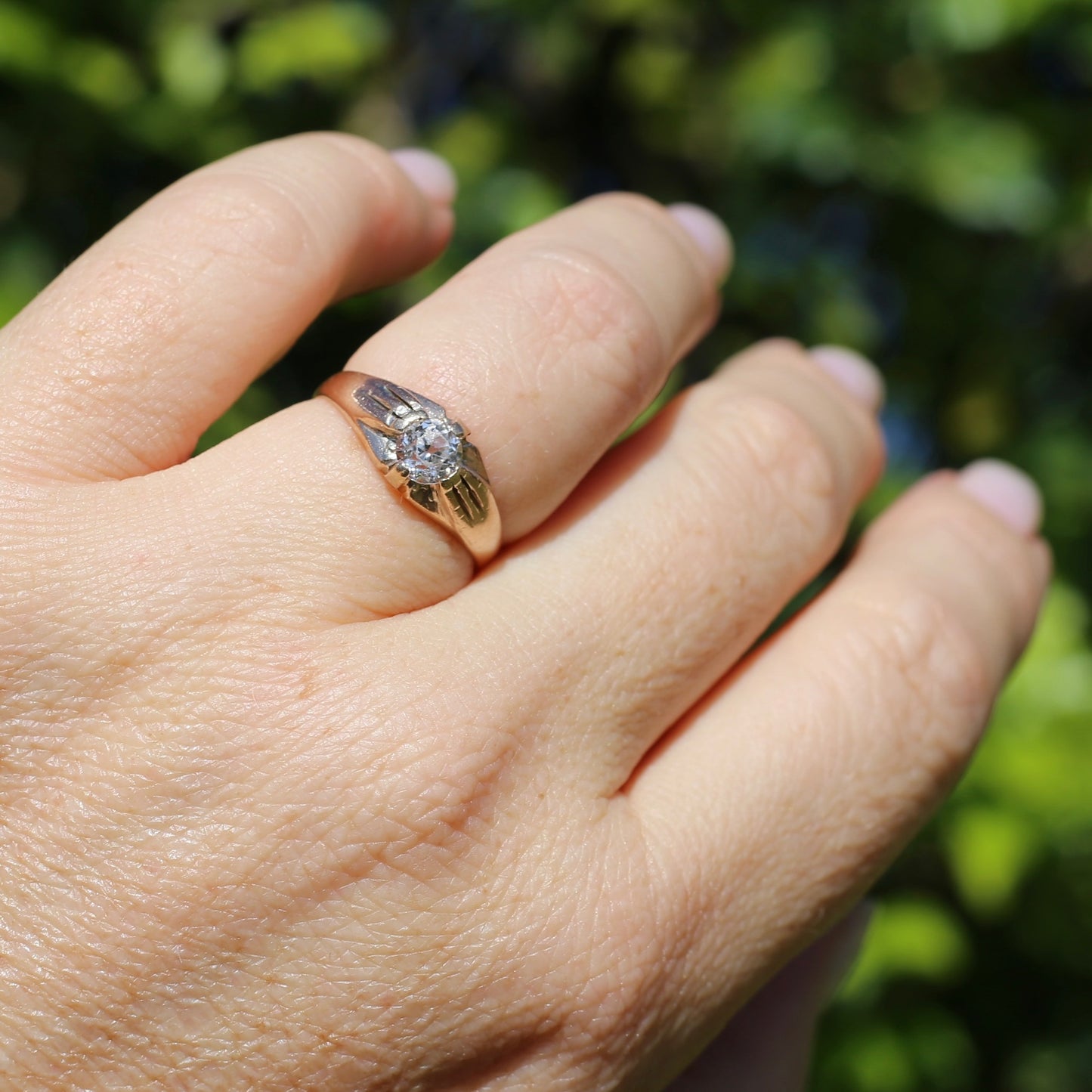 Hand Cut White Sapphire in 15ct Old Gold Ring, size N1/2 or just under 7