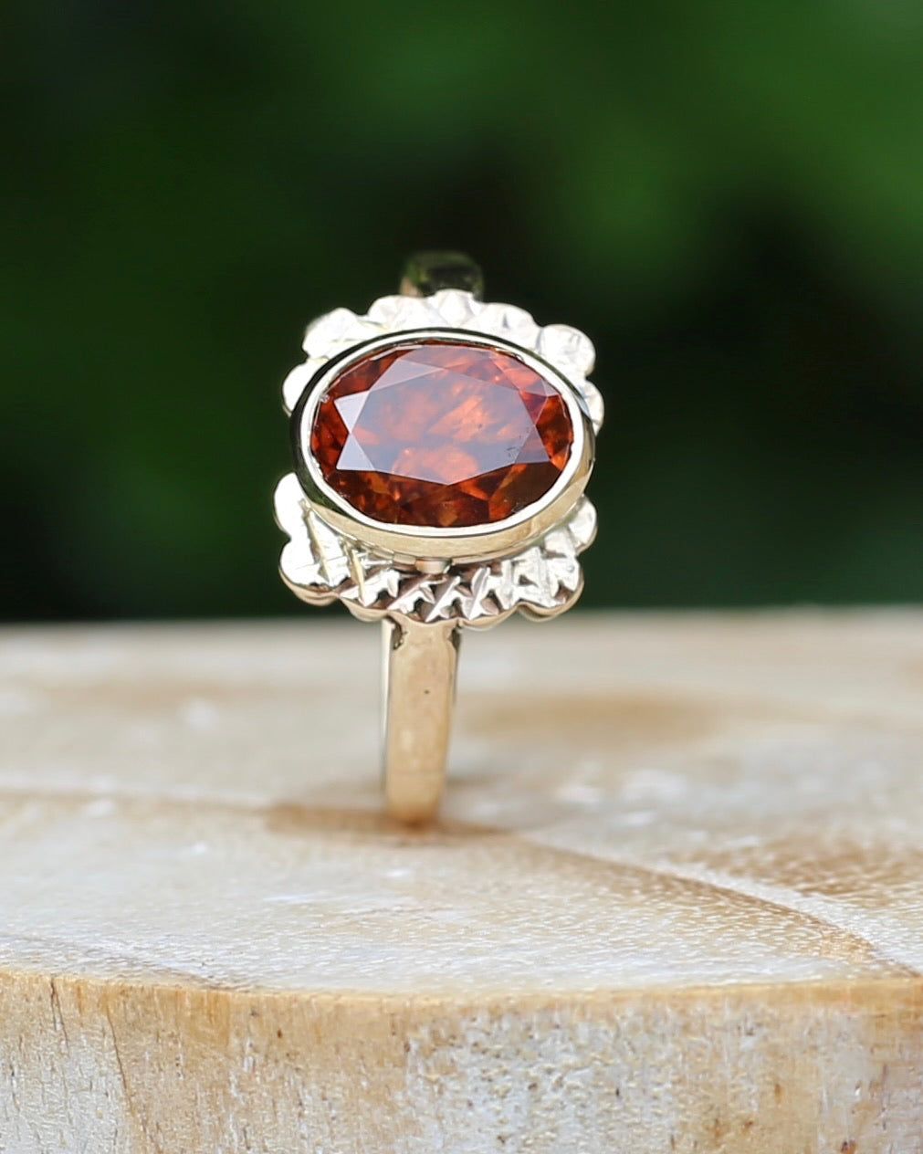 Custom Cut 3.54ct Oval Whiskey Brown Zircon, Bezel Set, 9ct Yellow Gold Birmingham Made 1994 Ring, size P or 7.75