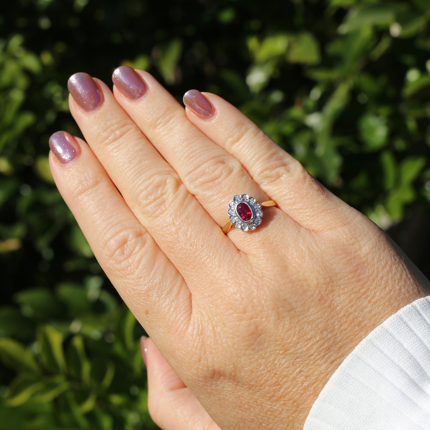 Ruby and Diamond Halo, 18ct Yellow and White Gold, size P or 7.75 with valuation