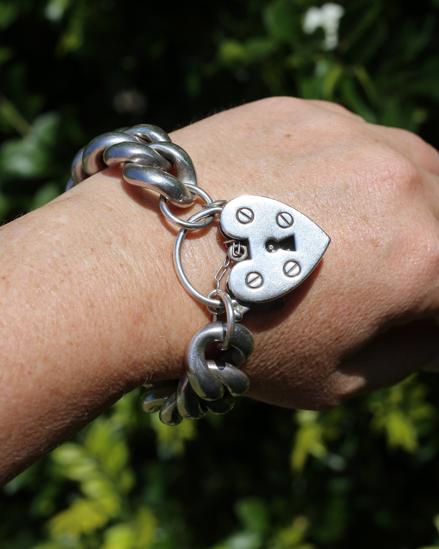Australian Designer Very Chunky Semi Hollow Curb Link Bracelet with Heart Padlock, 84.2g