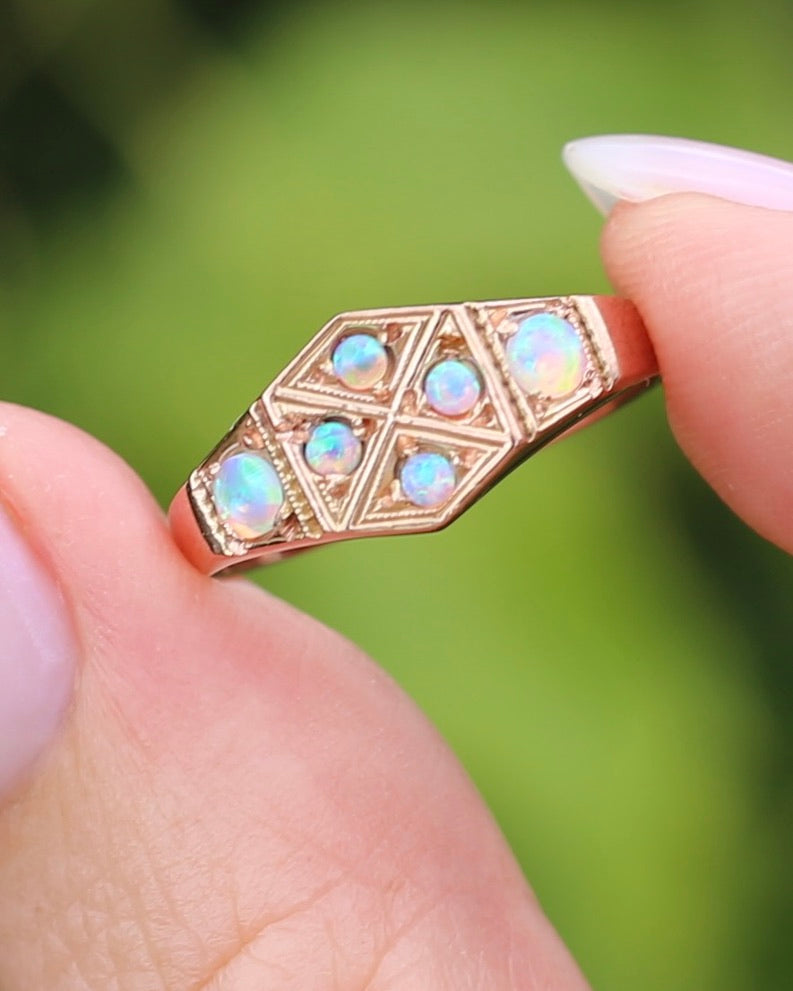 Outstanding Opals in Birmingham Made Rose Gold Shield Faced Ring, 9ct Rose Gold, size Q or 8.25, 2.57g
