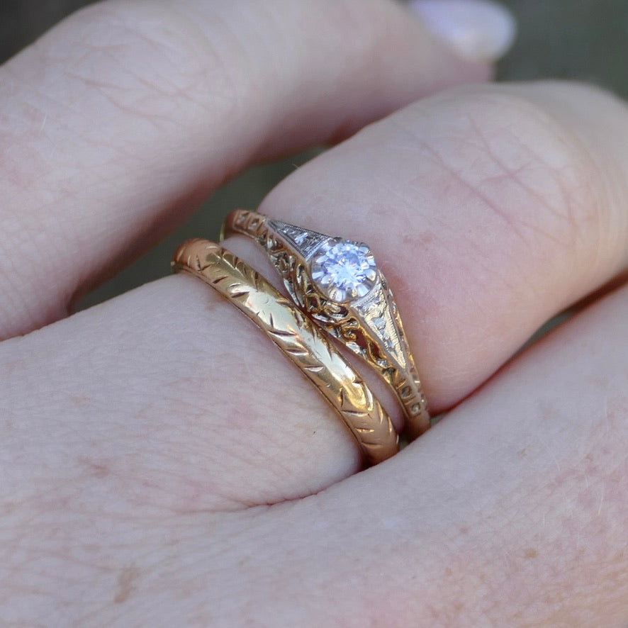 Hand Carved 1930s Filigree Mixed Metal Diamond Solitaire, 9ct White and Yellow Gold, size M1/2 or just under 6.5