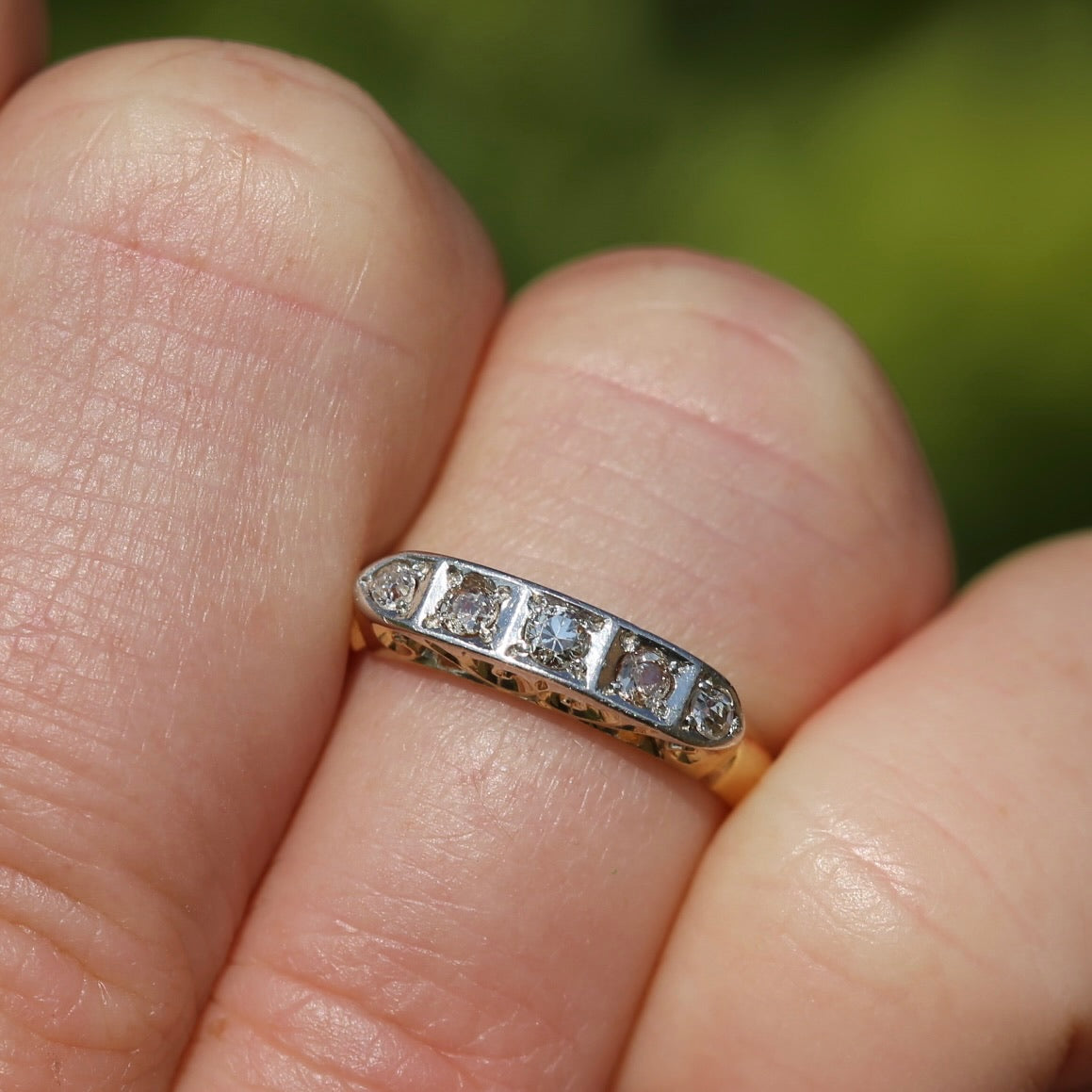 1930s Old Cut 5 Stone Diamond Ring, Platinum and 18ct Yellow Gold, size L or 5.75