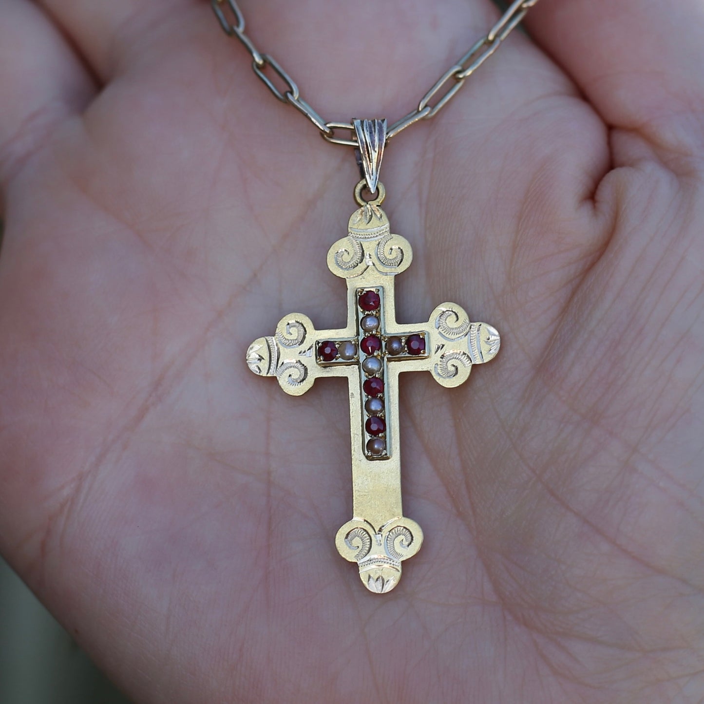 Antique 15ct Ruby and Pearl Crucifix by Australian Jeweller Willis and Sons, 15ct Gold