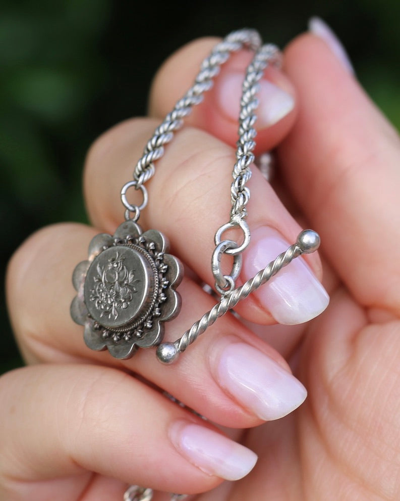 Antique 1896 Double Albertina Necklace with T-bar and Floral Pendant, Sterling Silver, 18.85g