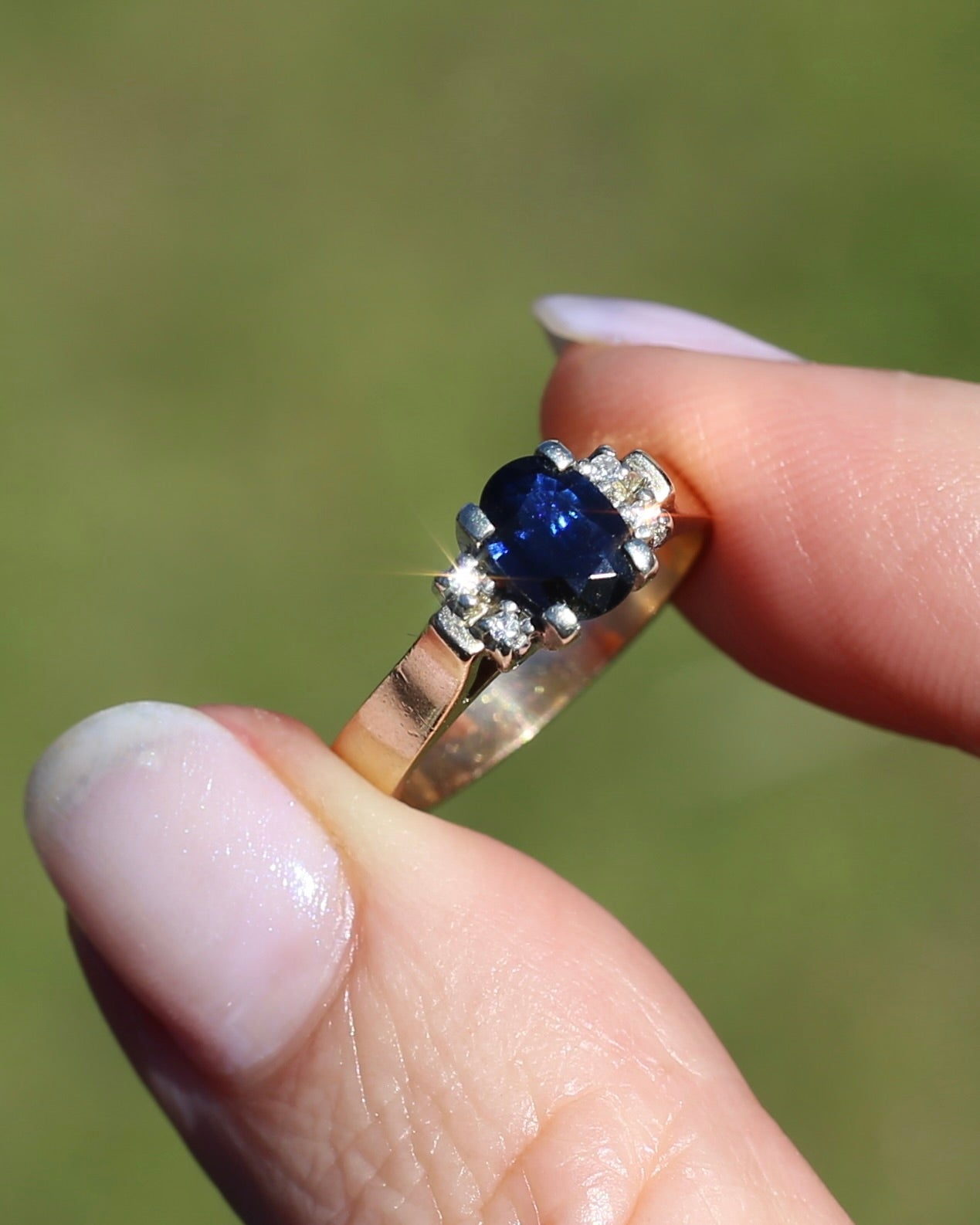 Circa 1970s Natural Sapphire and Diamond Ring, 9ct Yellow and White Gold, size M or 6.25, 4.19g