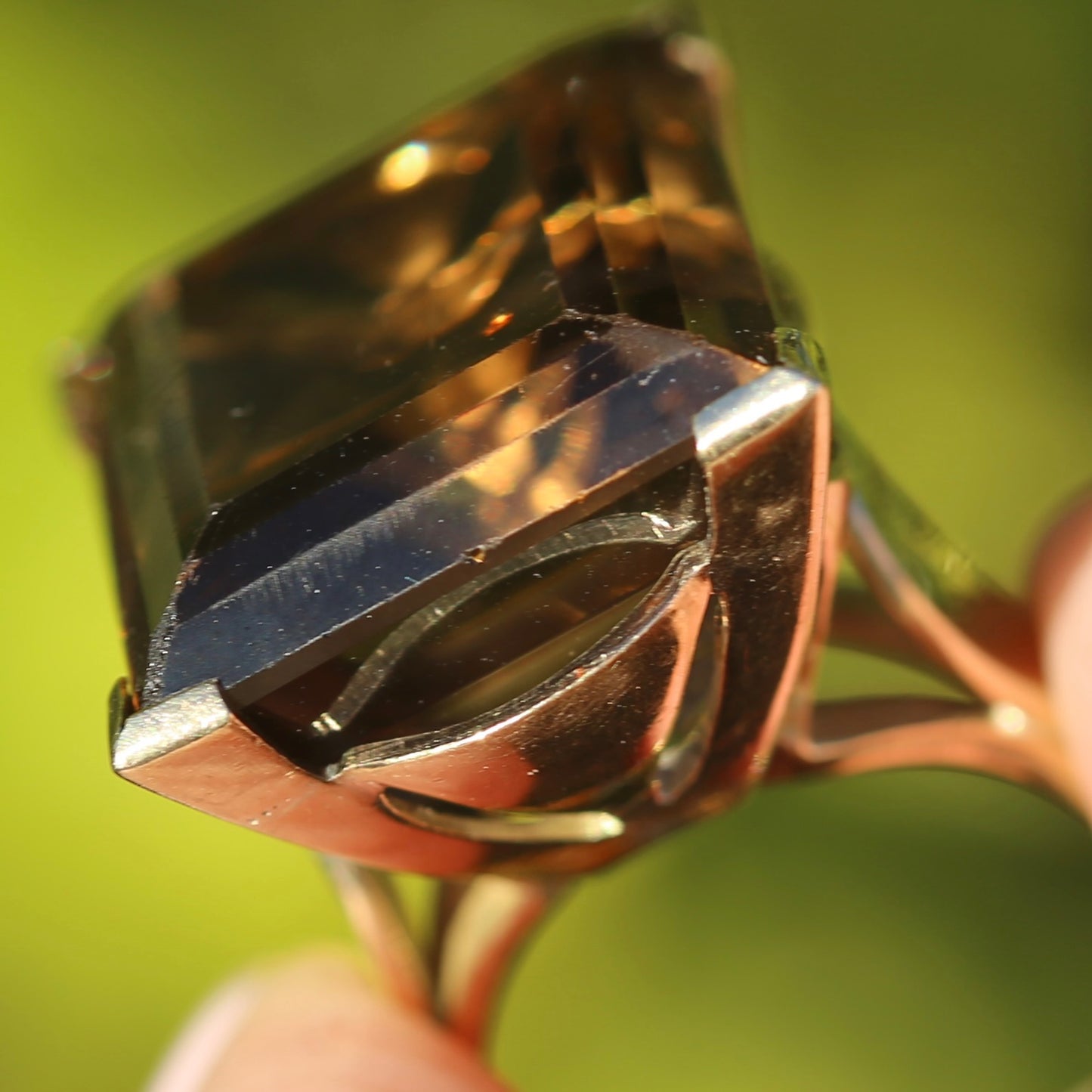 Mid Century 36ct Princess Cut Smoky Quartz Cocktail Ring, 9ct Yellow Gold, size N1/2 or 6.75