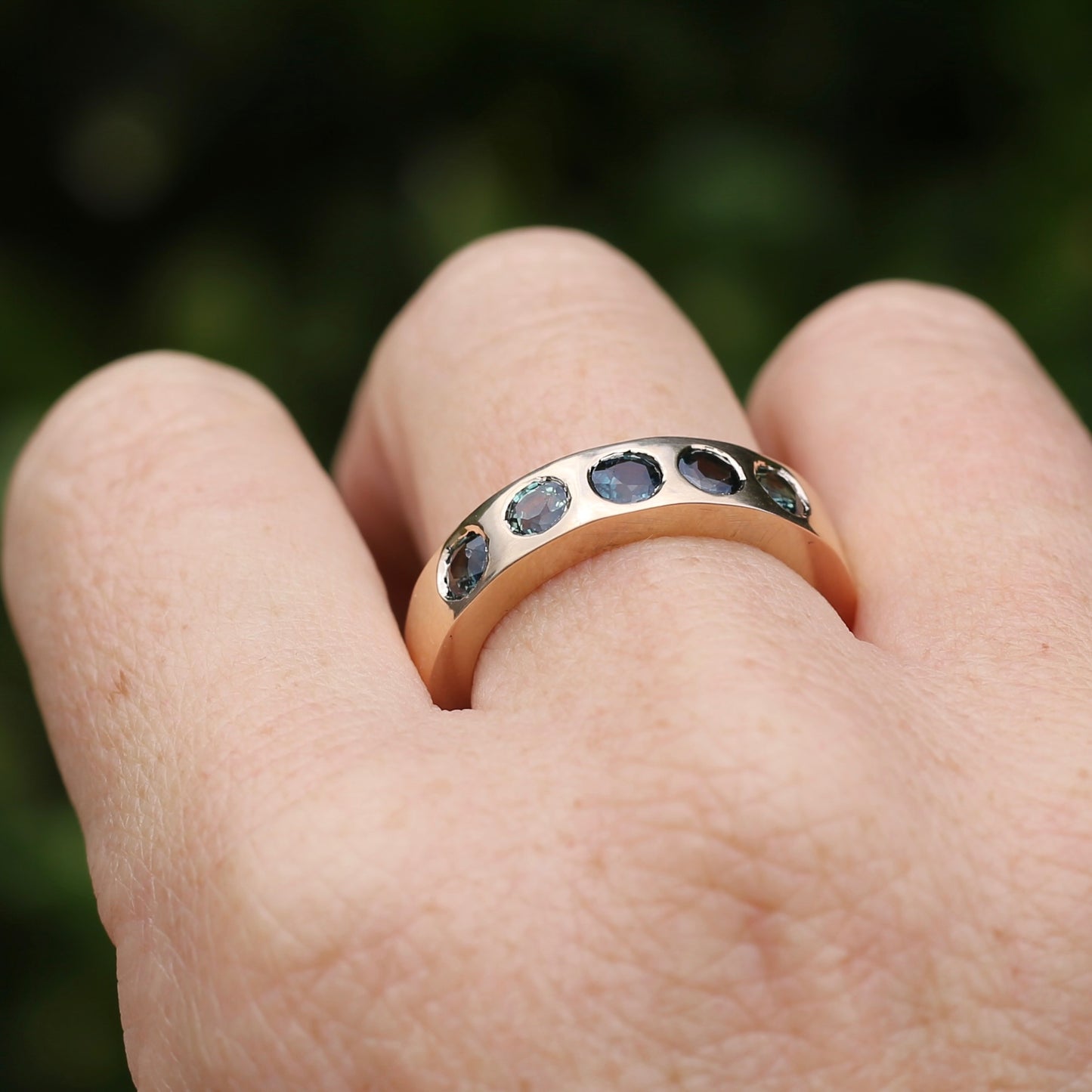 Custom Reclaimed Gold Chunky 9ct Rings with 4mm Parti Sapphires