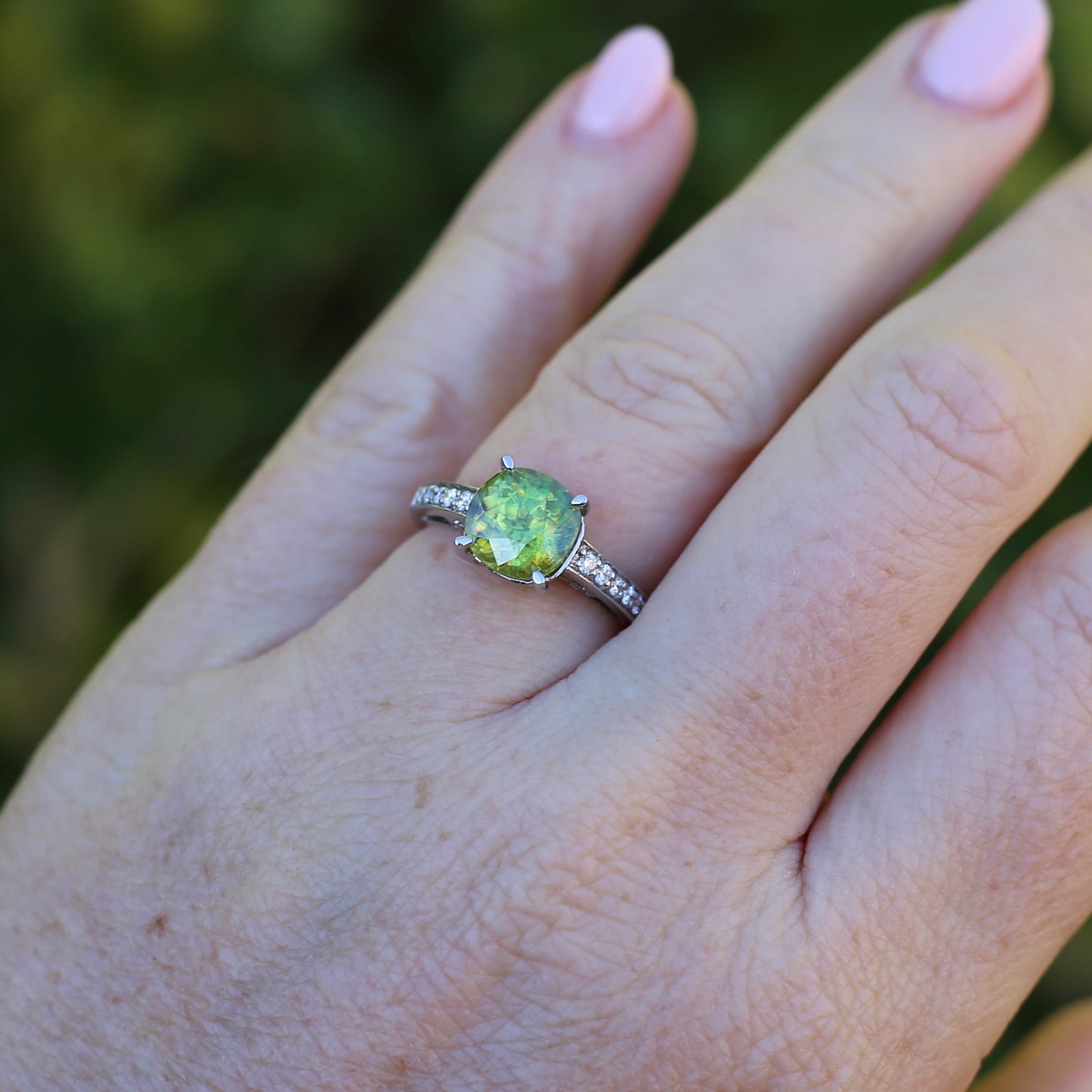 4.11ct Green Zircon and Diamond Ring, 14ct White Gold, size N1/2 or 7, with valuation