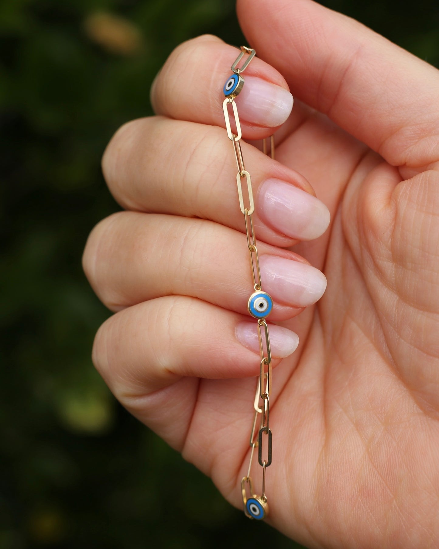 Delicate Paperclip and Enamel Evil Eye Bracelet, 9ct Yellow Gold, 19.5cm or 7.75inches