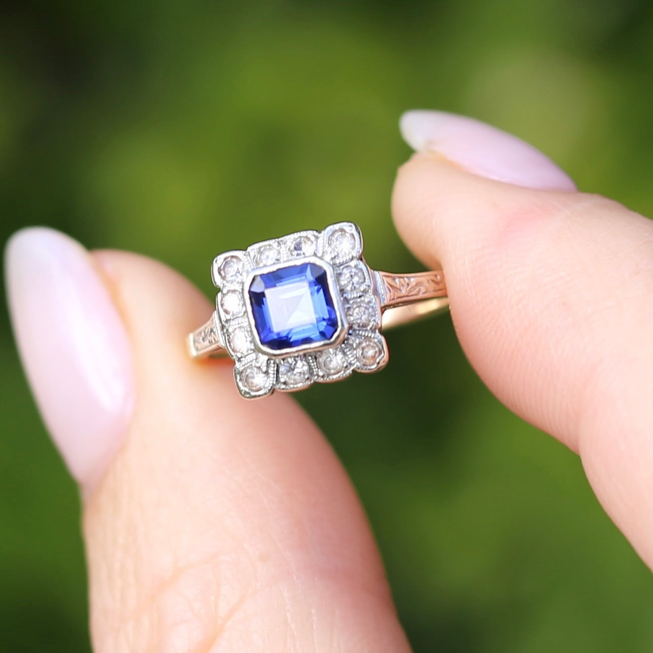 1930s Mixed Metal, Sapphire and White Spinel Halo Ring, 9ct Yellow and White Gold, size J1/2 or 5