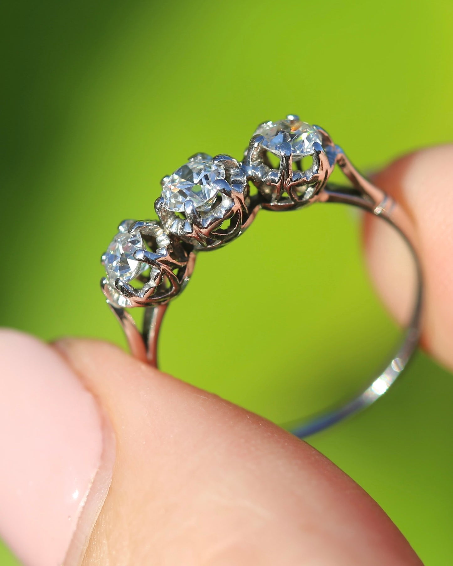 Circa 1930s Transitional Cut Diamond Trilogy with Kozibe Effect, Platinum, size L or 5.75, 2.68g, with valuation