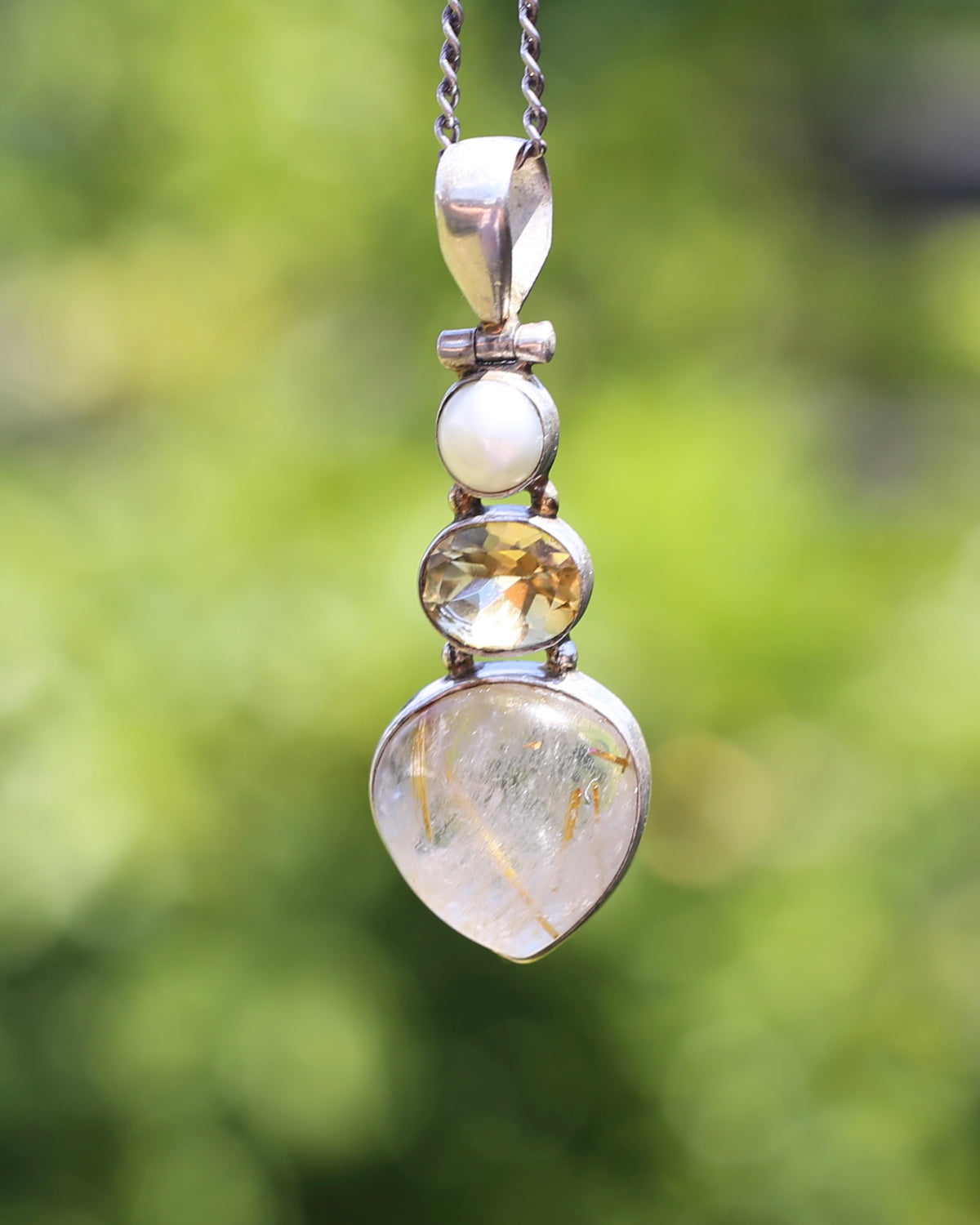 Freshwater Pearl, Citrine and Rutilated Quartz Cabochon Pendant, Sterling Silver, 6.0g