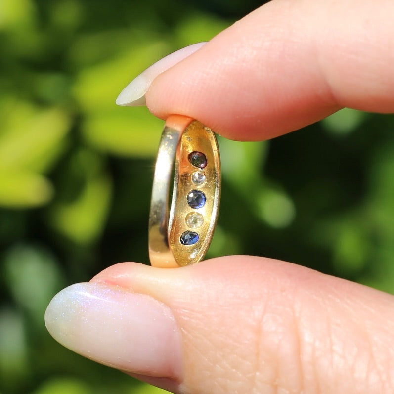 1897 Old Cut Sapphire and Diamond Five Stone Ring, 18ct Yellow Gold, size O or 7.25