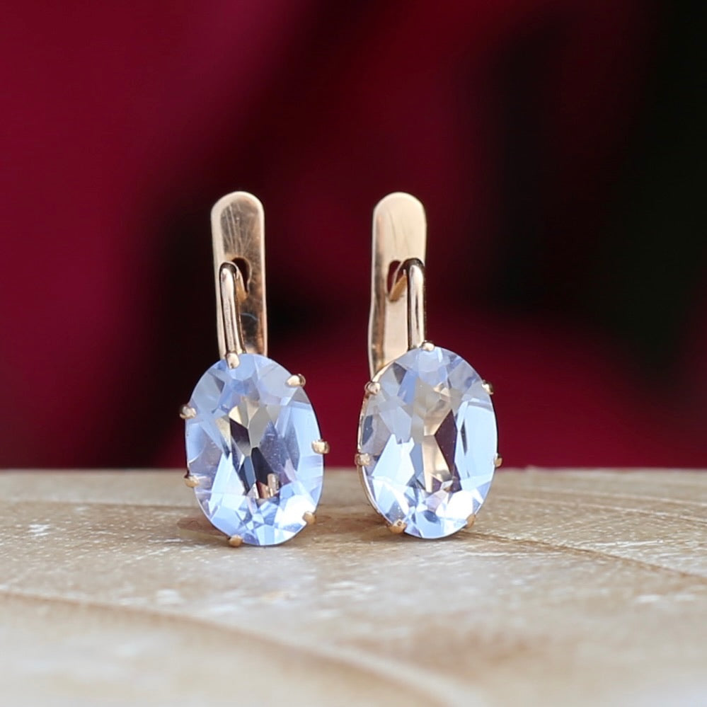 Vintage Russian Pale Lilac Blue Spinel Earrings with Lever Backs, 14ct Rosey Gold, 3.03g