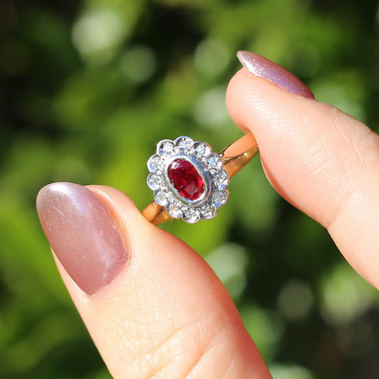 Ruby and Diamond Halo, 18ct Yellow and White Gold, size P or 7.75 with valuation