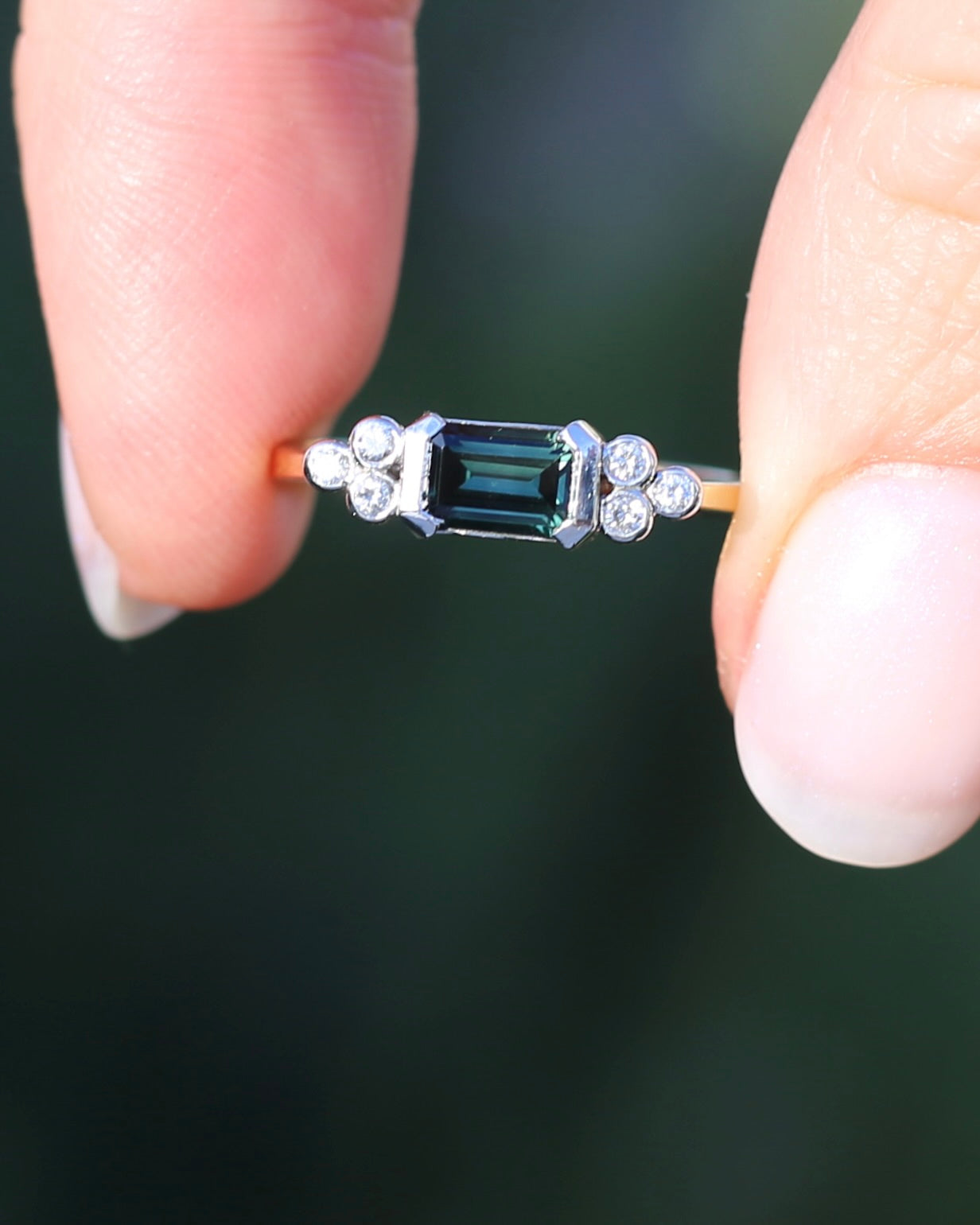 Vintage East West Set Natural Sapphire and Diamond Ring, 18ct Yellow and White Gold, size O or 7.25, 3.36g, with valuation