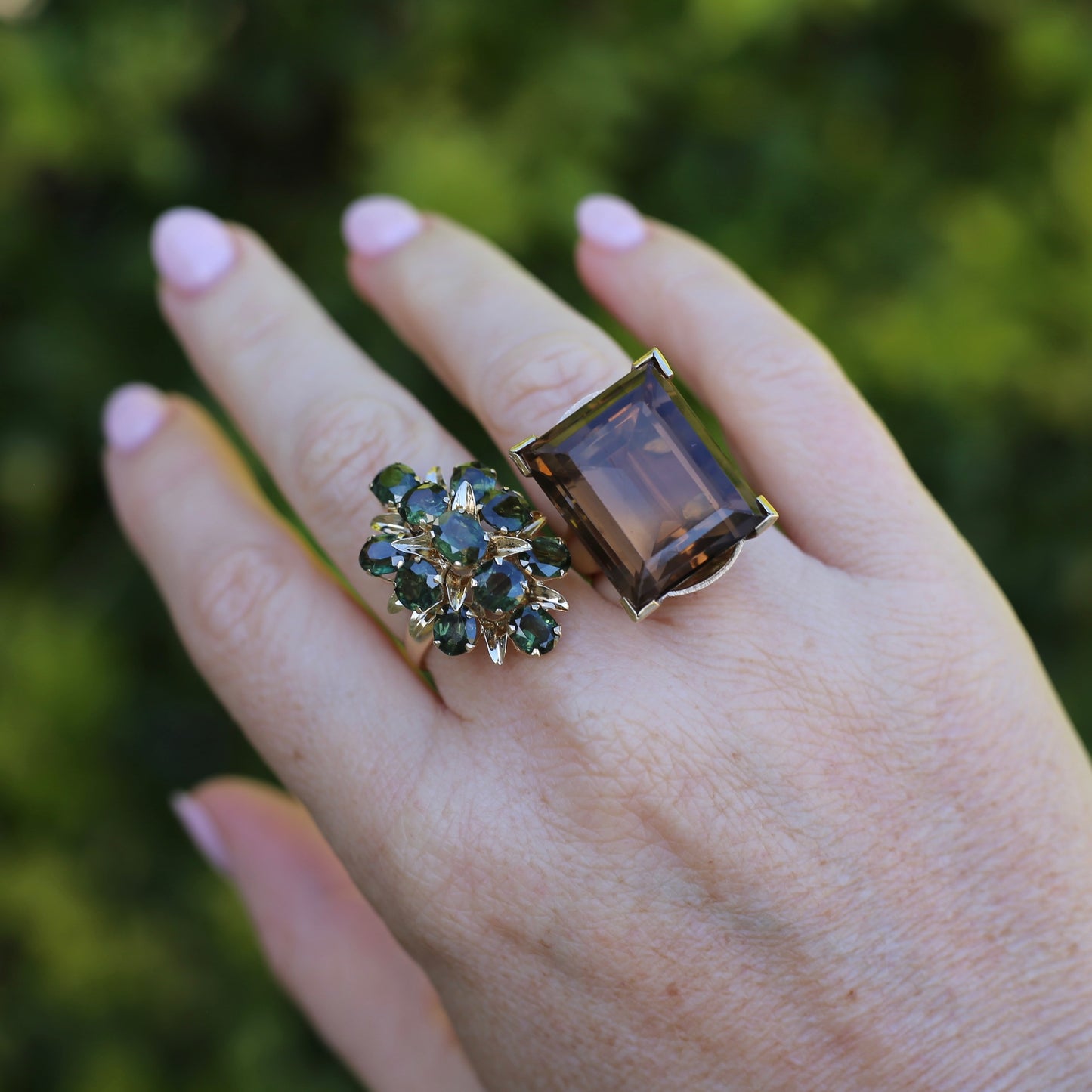 Mid Century 36ct Princess Cut Smoky Quartz Cocktail Ring, 9ct Yellow Gold, size N1/2 or 6.75