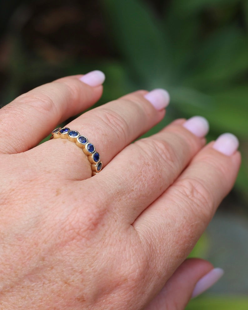 Second Glance - 9 Stone Bezel Set Blue Sapphire Bubble Half Eternity Ring, 9ct Yellow Gold, size N or just over 6.5, 2.80g