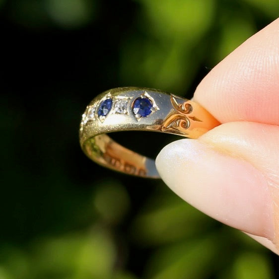 1897 Old Cut Sapphire and Diamond Five Stone Ring, 18ct Yellow Gold, size O or 7.25