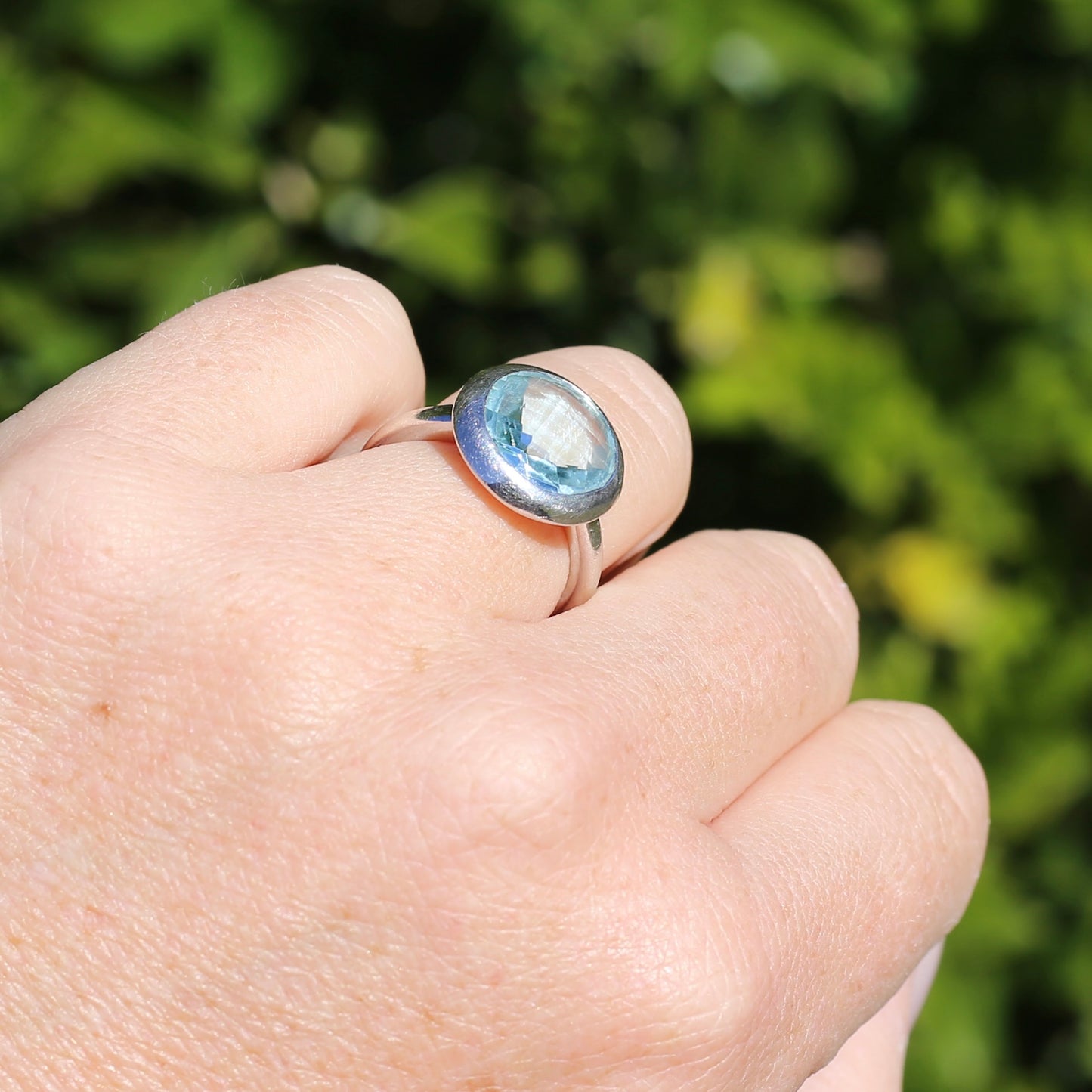 Bezel Set Harlequin Cut Blue Topaz Ring, Sterling Silver, size O or 7.25 (fits bigger)