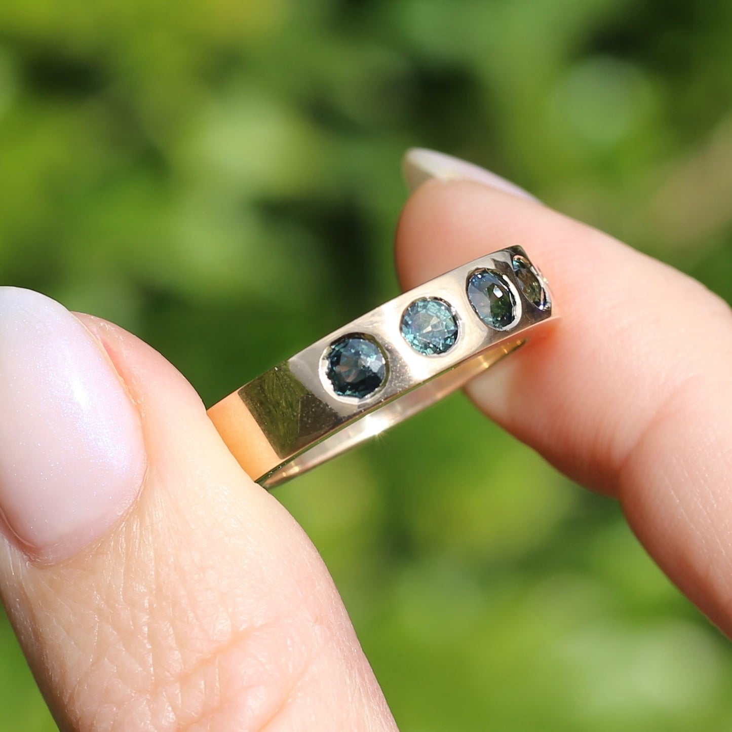 Custom Reclaimed Gold Chunky 9ct Rings with 4mm Parti Sapphires