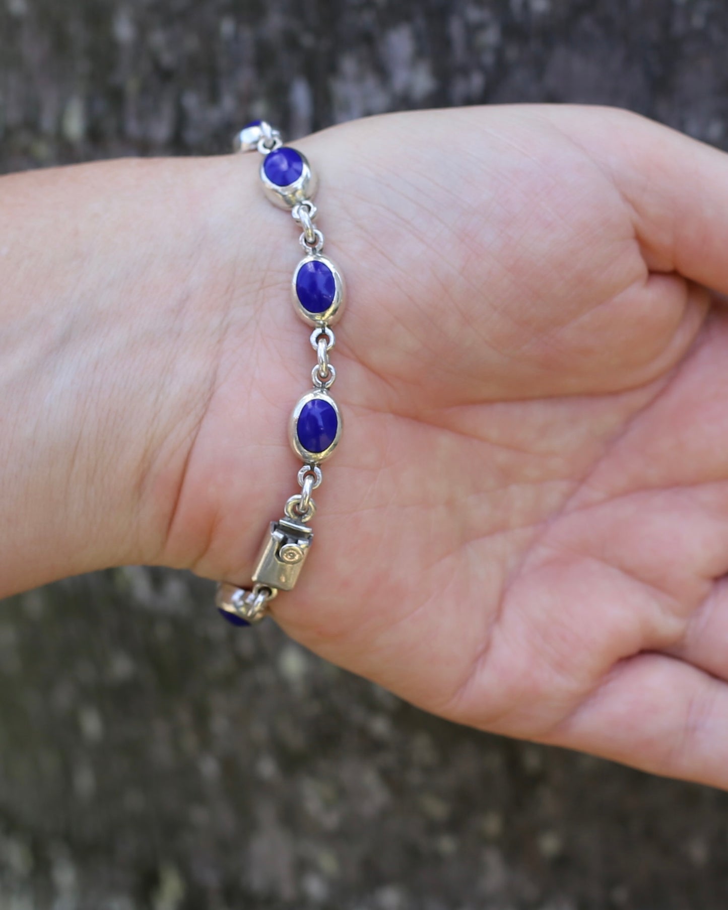 Vintage Mexican Bezel Set Lapis Bracelet, 7.75 inches or 19.5cm, 21.27g
