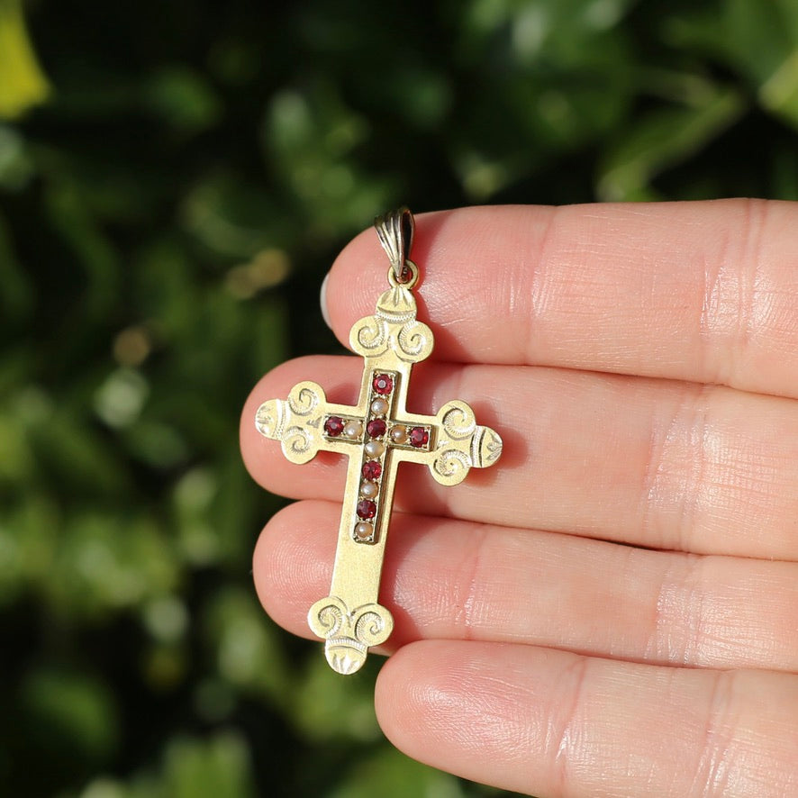 Antique 15ct Ruby and Pearl Crucifix by Australian Jeweller Willis and Sons, 15ct Gold