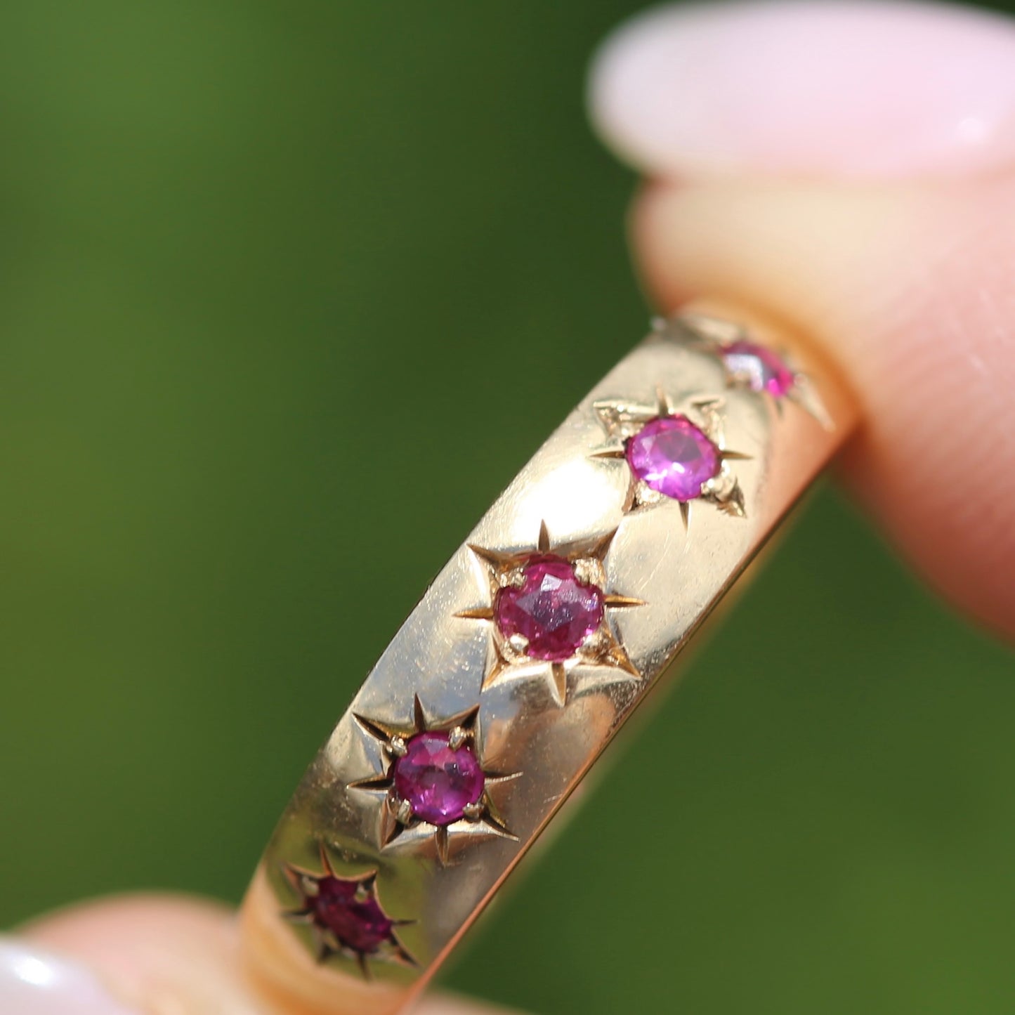 Antique 1891 Five Stone Star Set Old Cut Ruby Ring, 15ct Rosey Gold, size N- N1/2 or 6.75