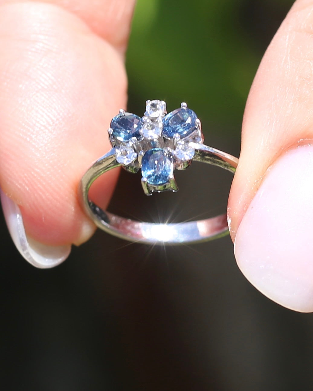Vintage Parti Sapphire and White Quartz Cluster Ring, 9ct White Gold, size M or just over 6, 1.7g