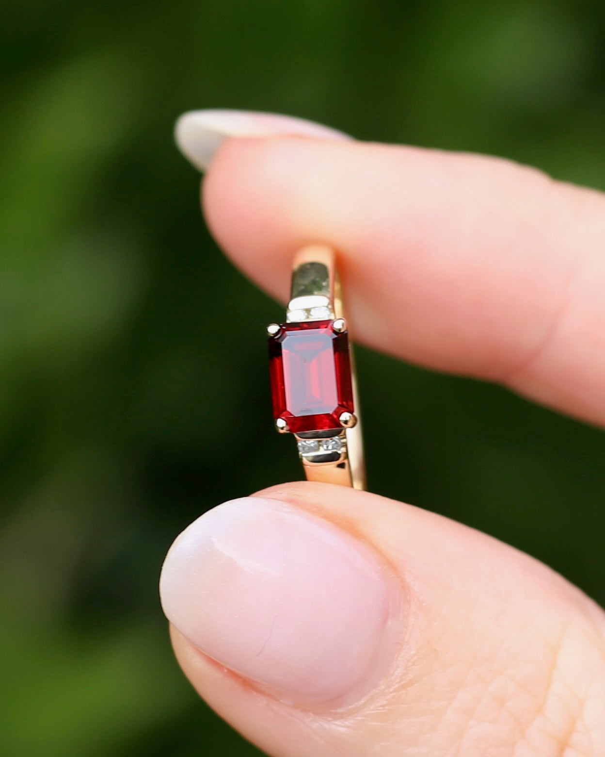 East African East West Set Emerald Cut Garnet and Diamond side stones, 9ct Yellow Gold, size P1/2 or 8