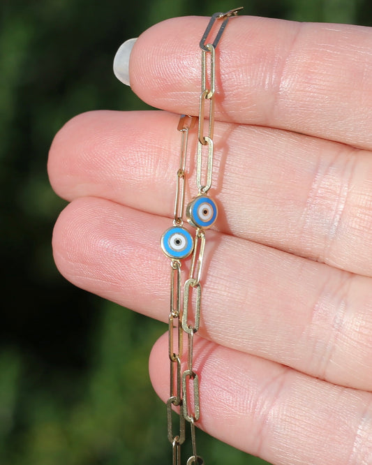 Delicate Paperclip and Enamel Evil Eye Bracelet, 9ct Yellow Gold, 19.5cm or 7.75inches