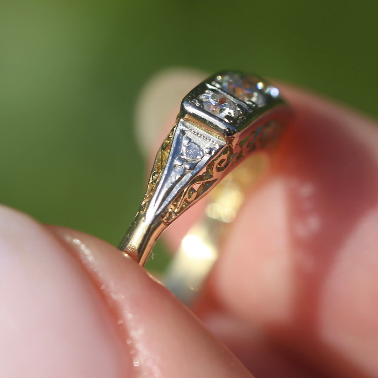 1930s 4 Stone Transitional Cut Diamond Mixed Metal Ring, 18ct Yellow Gold & Platinum, size M or just bigger than 6