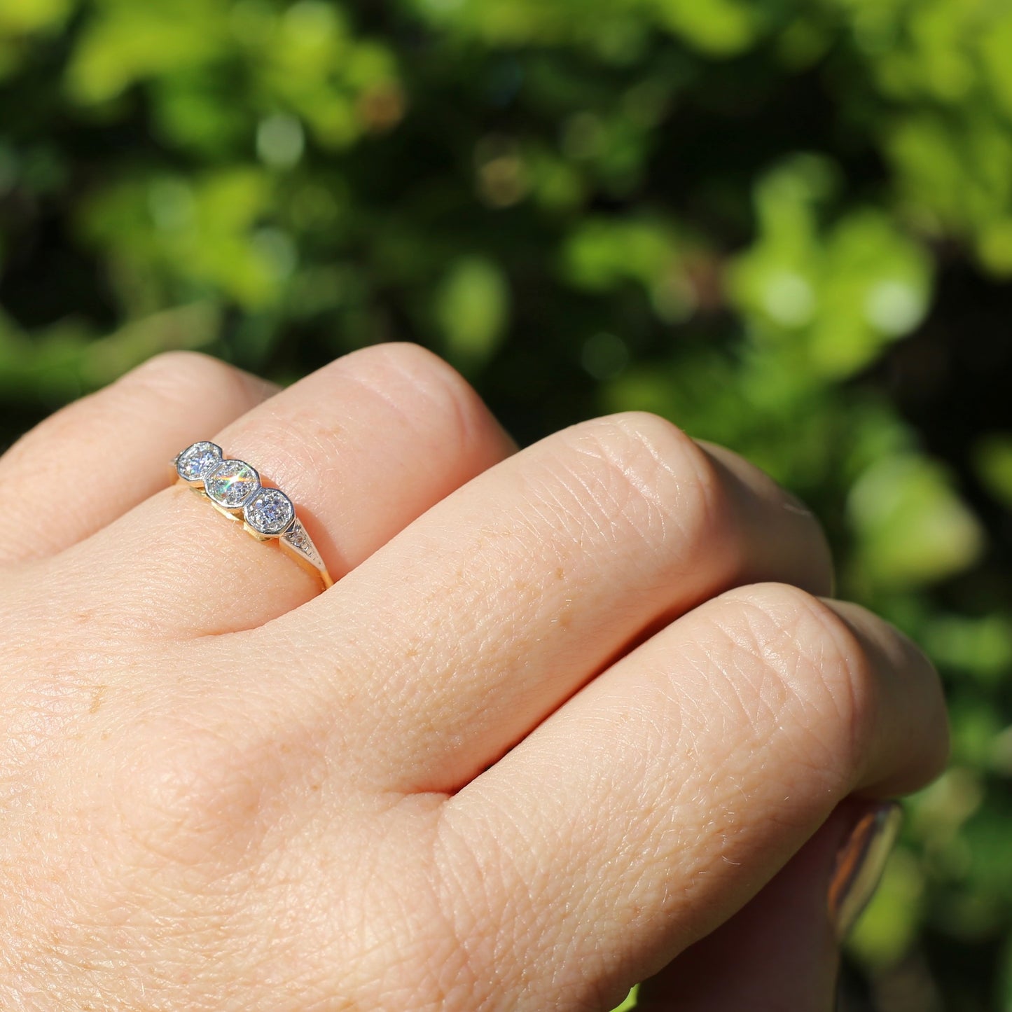 1930s Old and Transitional Cut Diamond Trilogy, 18ct Yellow and White Gold, size N or 6.75