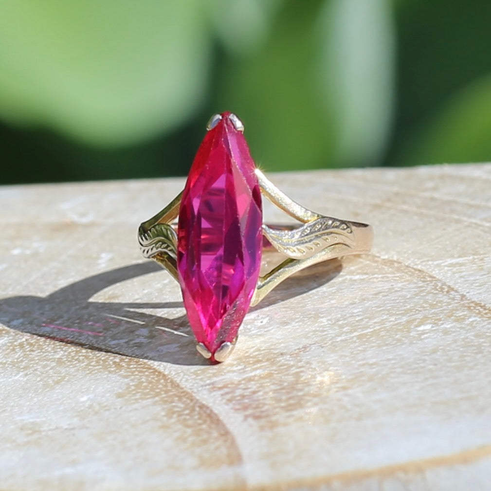 Mid Century Russian Synthetic Ruby Ring, 14ct Rosey Gold, size L1/2 or 6